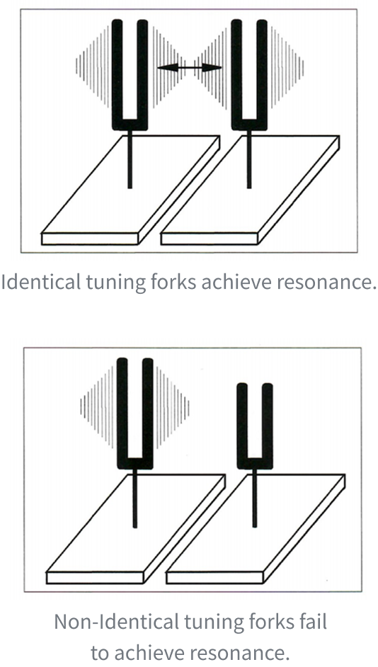 Identical tuning forks achieve resonance, Non-Identical tuning forks fail to achieve resonance.